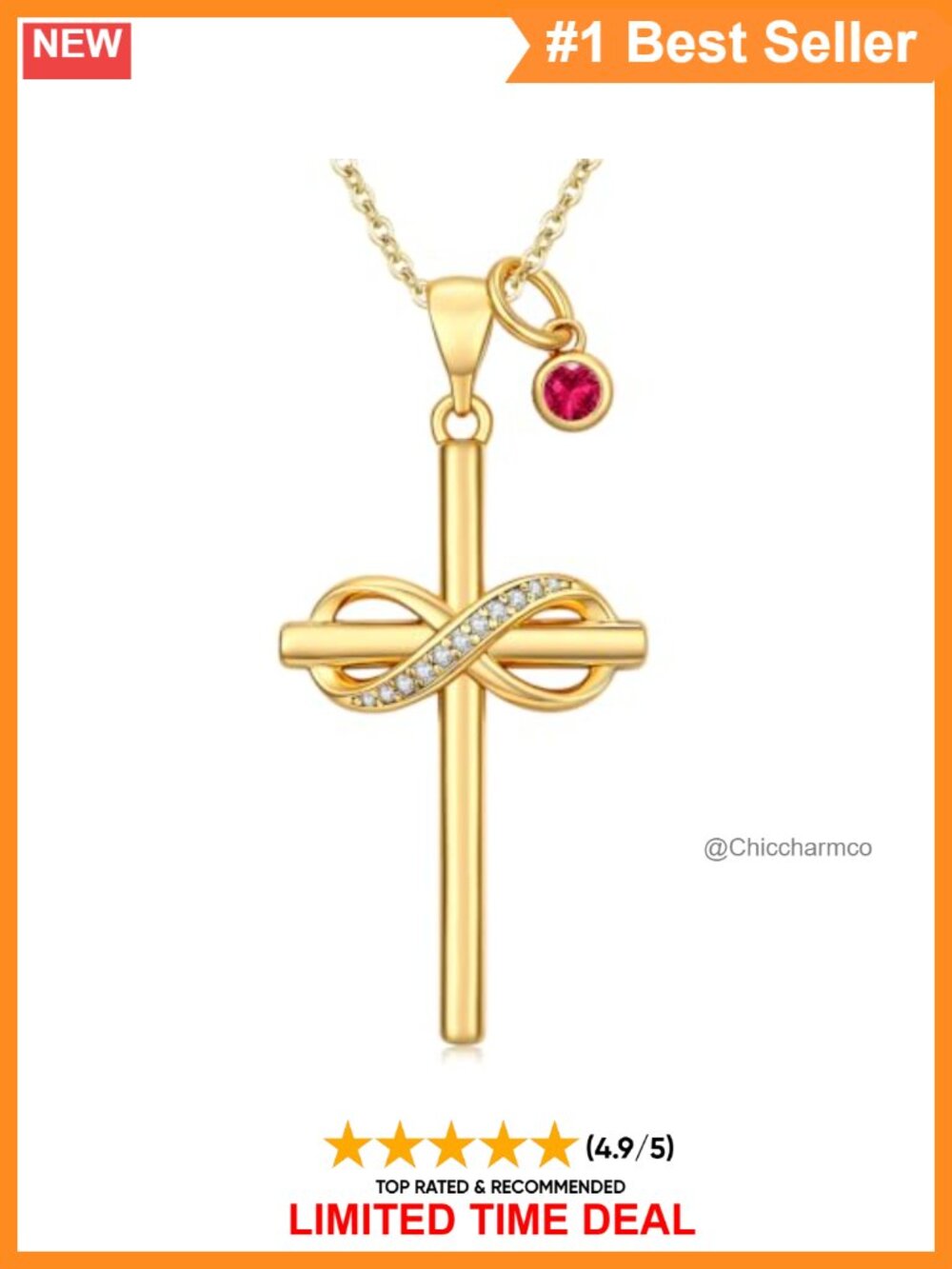 14K Gold Plated Ruby Cross Necklace Cubic Zirconia Infinity Pendant